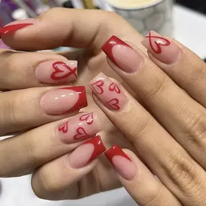 24pcs Transparent Nude Glitter Base Color Nail Polish, French Edge & Hand Drawn Heart Graffiti, Sweet Girl Style, Medium Ballerina Shape