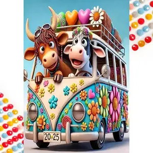 5D DIY Full Drill Round Diamond Painting - Diamond Art Kit Cartoon Cow, Flower Car, Heart Mosaic, Canvas - DIY Decorative Painting, Home Wall Decor, Suitable for Halloween and Christmas, Birthday and Anniversary Gifts