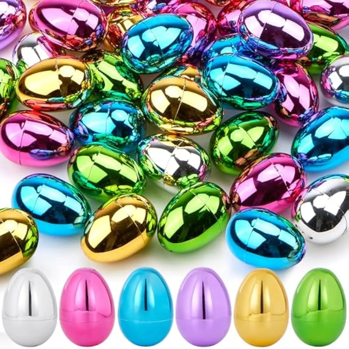 3.15" Metallic Easter Eggs, Shinny Plastic Eggs Colorful Bulks for Easter Hunt, Filling Treats, Easter Basket Stuffers, Classroom Prize Supplies, 12PCS