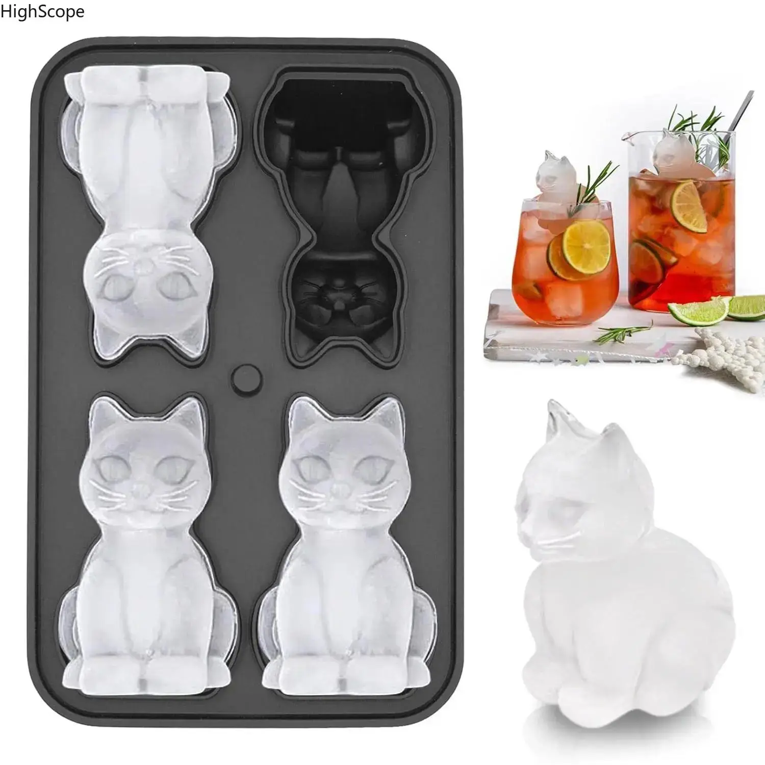 3D Cat-Shaped Ice Cube Mold – 4-Hole Large Silicone Tray for Cocktails, Whiskey, Bourbon & Brandy, Funny Cat Gift for Cat Lovers