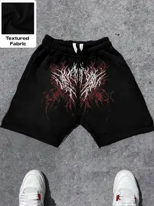 Men's Loose Fit Metal Thorn Print Shorts, High-Quality Textured Fabric, Soft Breathable, Elastic Waist Drawstring, Street Style, Menswear