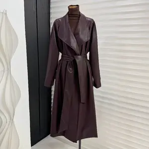 Women's Faux Leather Trench Coat Double Breasted Belted High Waist Long PU Leather Jacket Fall Winter Outerwear