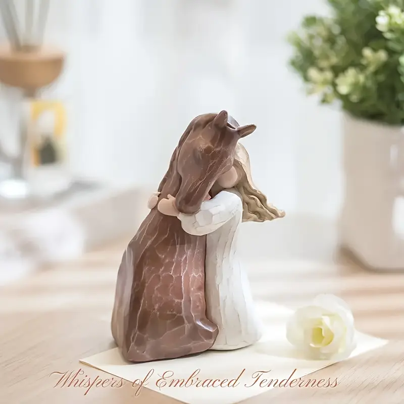 Girls' Decorative Woodlike Texture Hugging Brown Horse Figurine - Office Indoor Tabletop Shelf Decor, Ideal Gift for Equestrians (Statues & Bobbleheads Category)