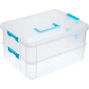 2 Layer Stack & Carry Box, Plastic Multipurpose Portable Storage Container Box Handled Organizer Storage Box for Organizing Stationery, Sewing, Art Craft,  and Beauty Supplies Blue