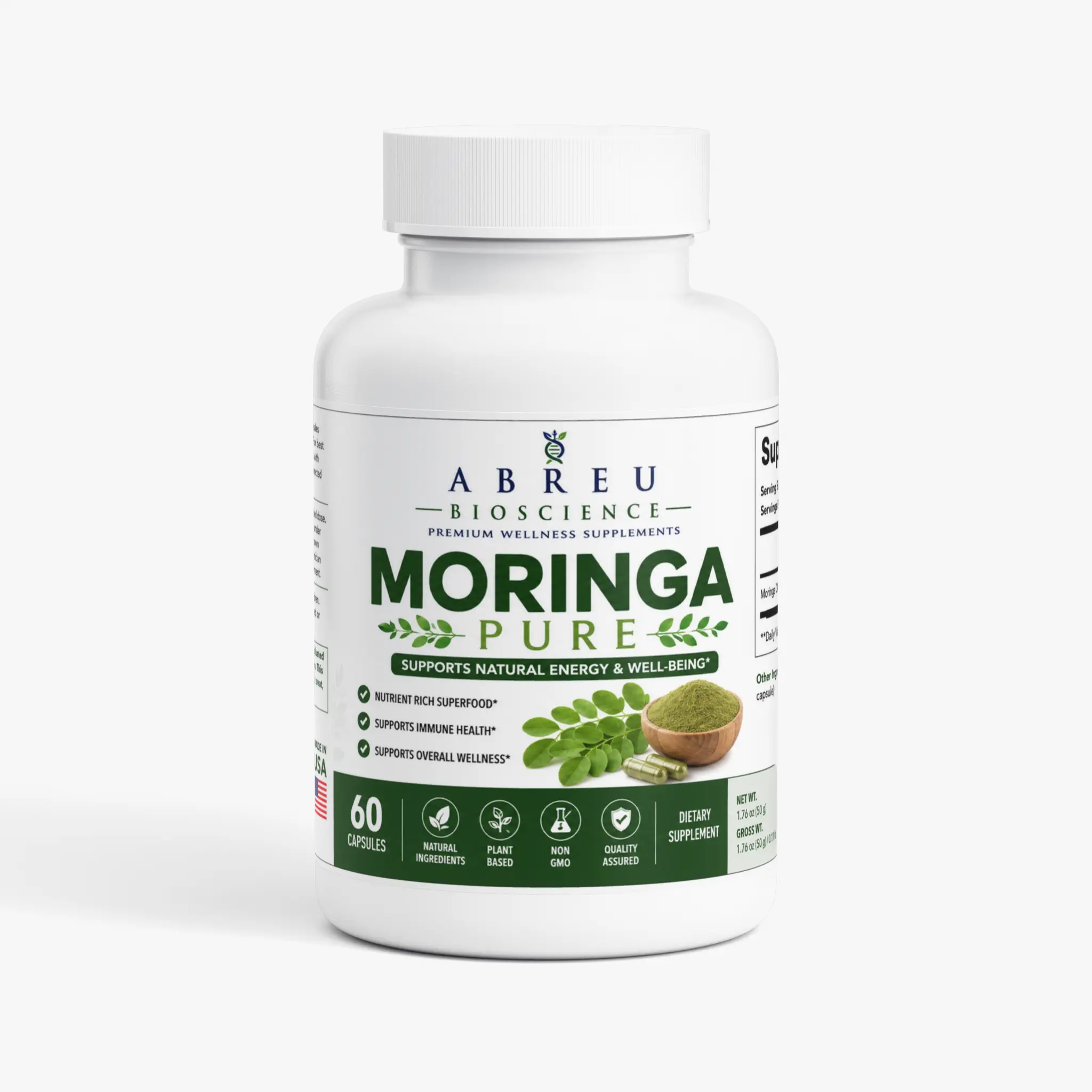 Abreu BioScience Moringa Pure: Natural Energy Boost, Immune Support, Antioxidant-Rich Profile