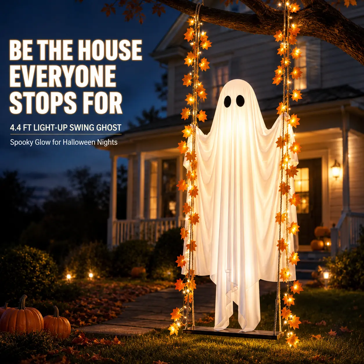 1 Pack 4.4 FT Light-Up Swinging Ghost Halloween Decoration - Large Hanging Ghost on Wooden Swing with Warm White String Lights, Remote Control, 8 Modes, Timer, Adjustable Ropes for Tree, Porch, Outdoor Decor