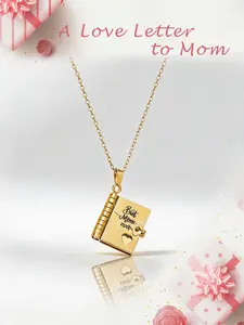 Mother's Day Titanium Steel Book Pendant Necklace, Openable Engraved Charm, 18k Gold Plated, Casual Style, All Seasons Gift for Mom