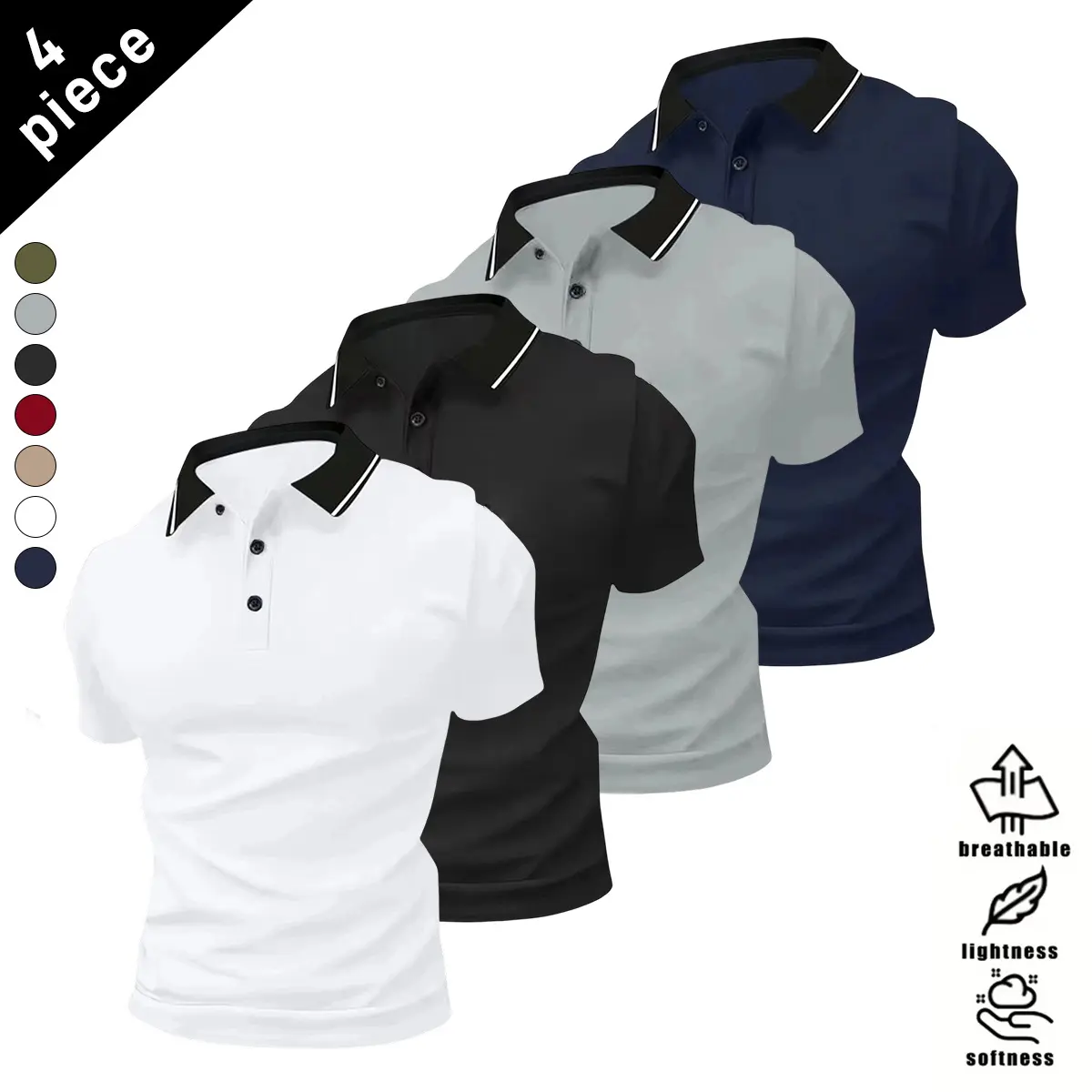 4-pack men’s casual polo shirts with a contrasting collar design, suitable for outdoor sports; menswear, men’s short sleeves, men’s tops
