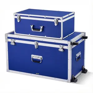 VEVOR Metal Storage Trunk, Summervibes,Summervibes, Set of 2, Wooden Suitcase Storage Boxes with Padlocks, Large Trunk Includes Casters & 3 Metal Handles, Decorative Store Chest with Lids for Travel, Apartment, Dorm, Blue