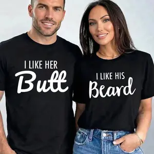 [Graphic T-Shirt] 100% Cotton Couple Matching T-Shirt - Couple Shirts,Couple Outfit, I Like His Beard & I Like Her Butt Funny Matching Couple Graphic Tee His & Hers Love Shirt ,Anniversary/Boyfriend/Girlfriend/Husband/Wife Gift