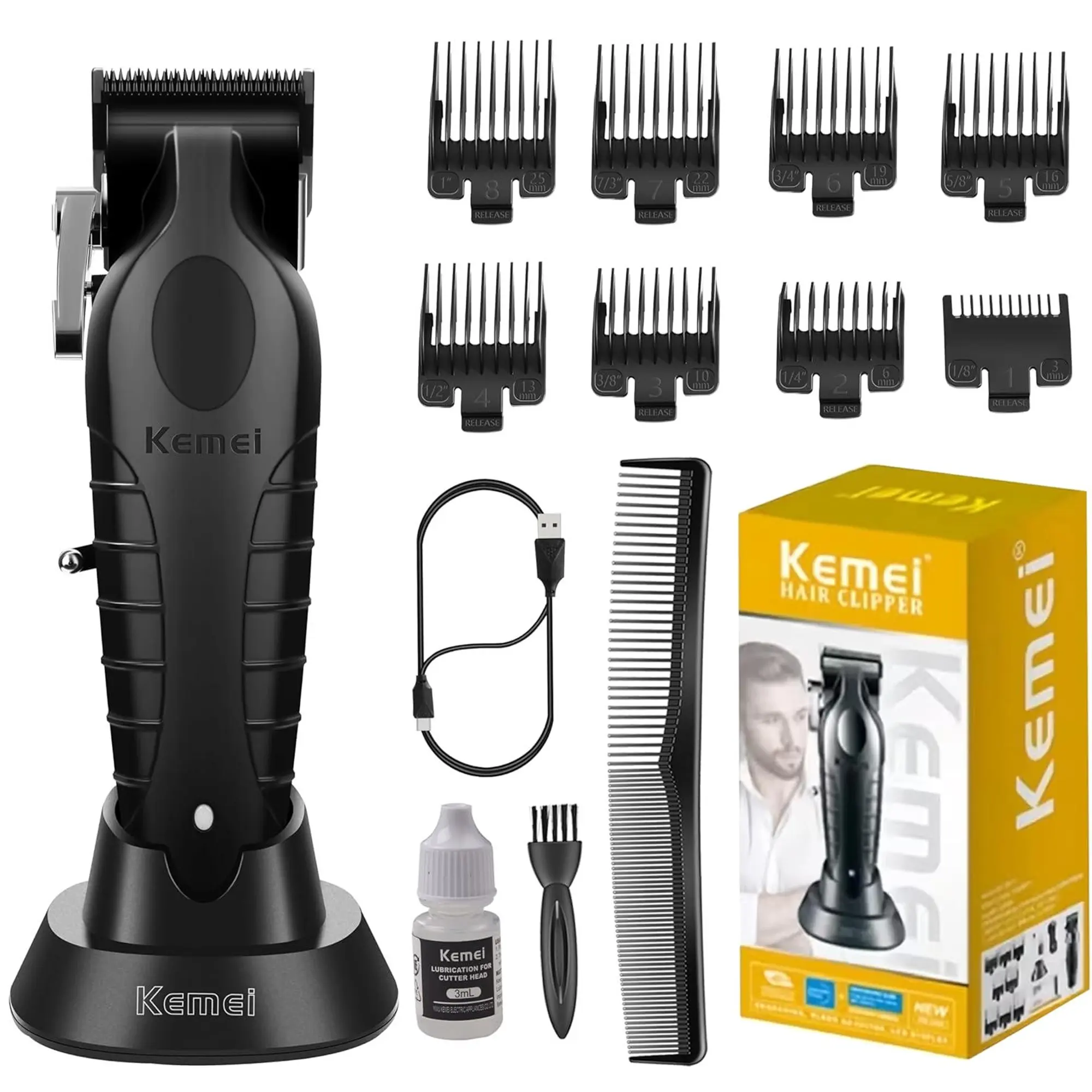 KEMEI 2296 Professional Hair Clippers for Men, Cordless & Corded T-Blade Hair Cutting Kit with Charging Stand, 2500mAh 350Min Low Noise Barber Clipper, USB Rechargeable Electric Trimmer
