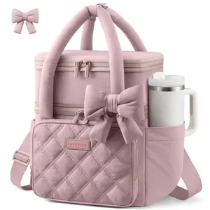 LOVEVOOK Insulated Lunch Bag Women,Expandable Double Deck Adult Lunch Box Women with Cup Holder,Bow Quilted Puffer Lunch Tote,Large Leakproof Collapsible Cooler Bag for Work College Picnic Meal Prep