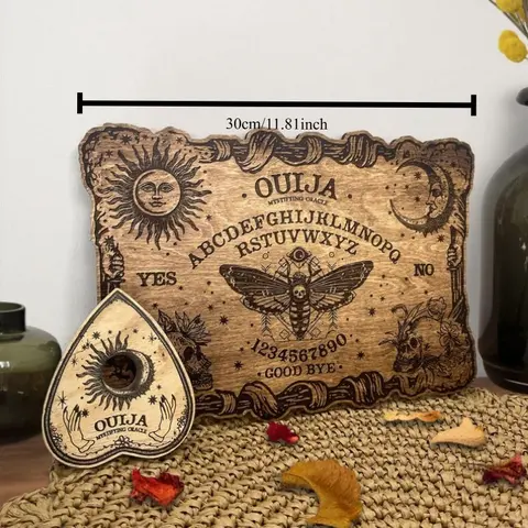 2PCS Wooden Gothic Ouija Board with Planchette, Talking Spirit Board, Divination & Witchcraft Halloween Decor, Board Game Night Prop, Spooky Gift for Family, Indoor Home Decor