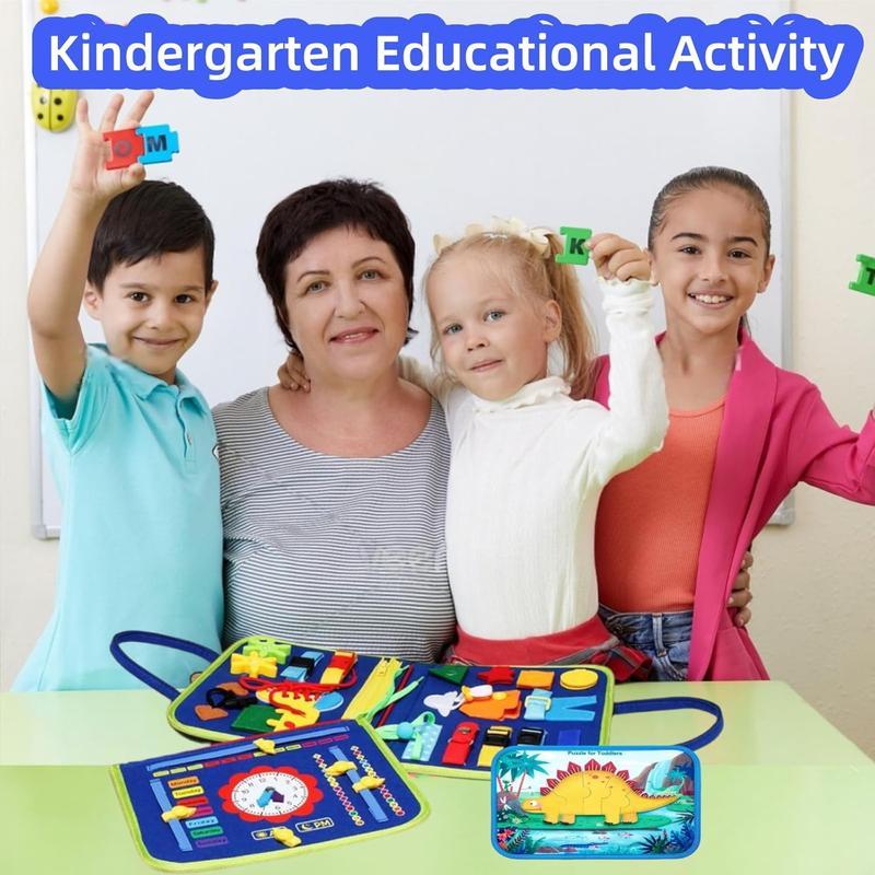 Summer Busy Board Montessori Toys for 1-3 Year Old Boys, Educational Sensory Busy Book for Toddlers 2-4, Learning Activities Toy for Airplane & Car Travel, Blue 3-Page Design