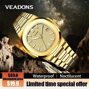 VEADONS Mens Gold Luminous Waterproof Quartz Watch Business Fashion Energy Stone Luxury Wristwatch with Elegant Design