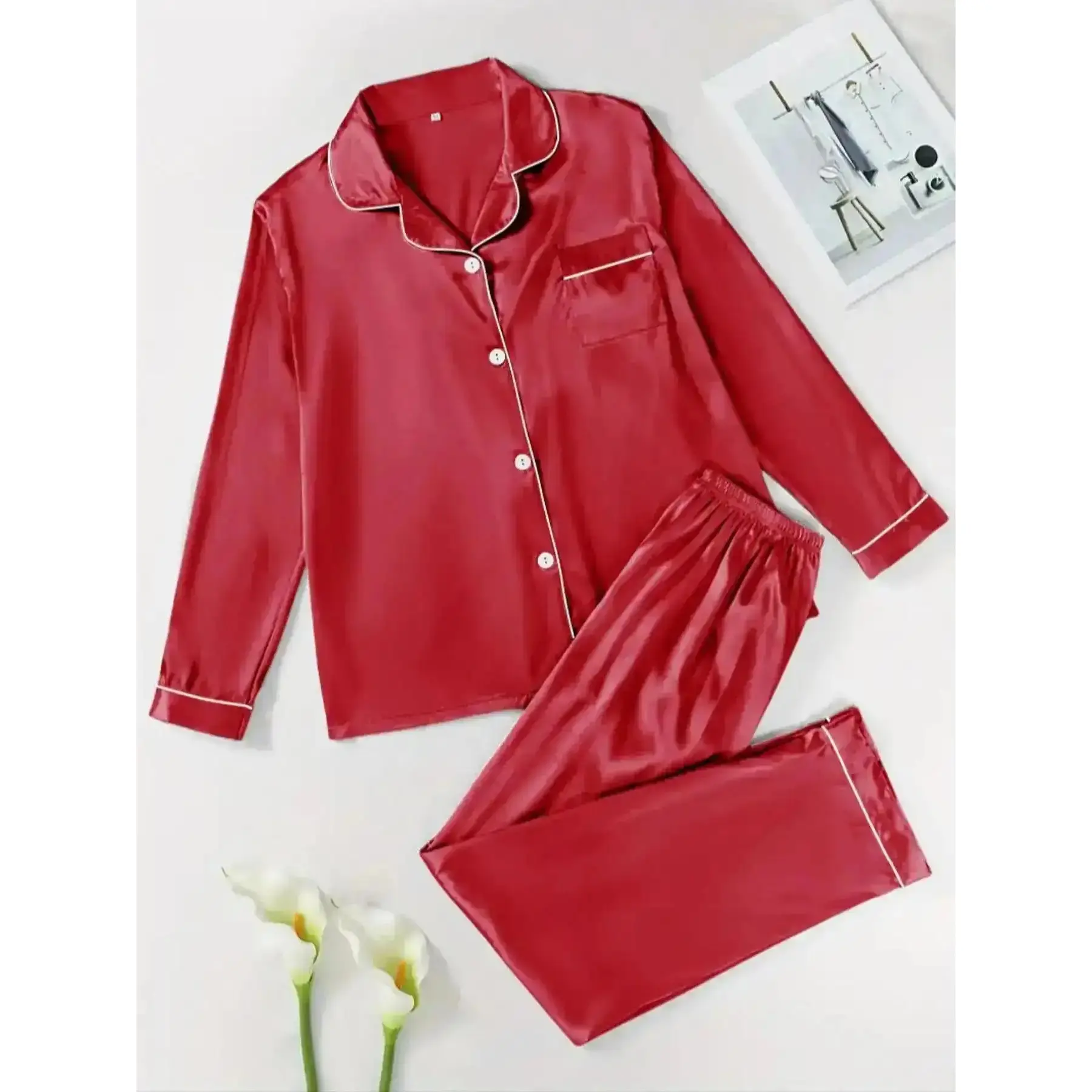 Women Solid Contrast Binding Satin Pyjamas 2026 Long Sleeve Lapel Button Front Shirt Elastic Waist Pants Comfortable Sleepwear Set Nightwear Lounge