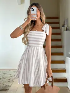 Women's Casual Striped Tie Front Halter Dress, Womenswear, Comfortable & Stylish Design, Perfect for Daily Wear, Ideal for Summer