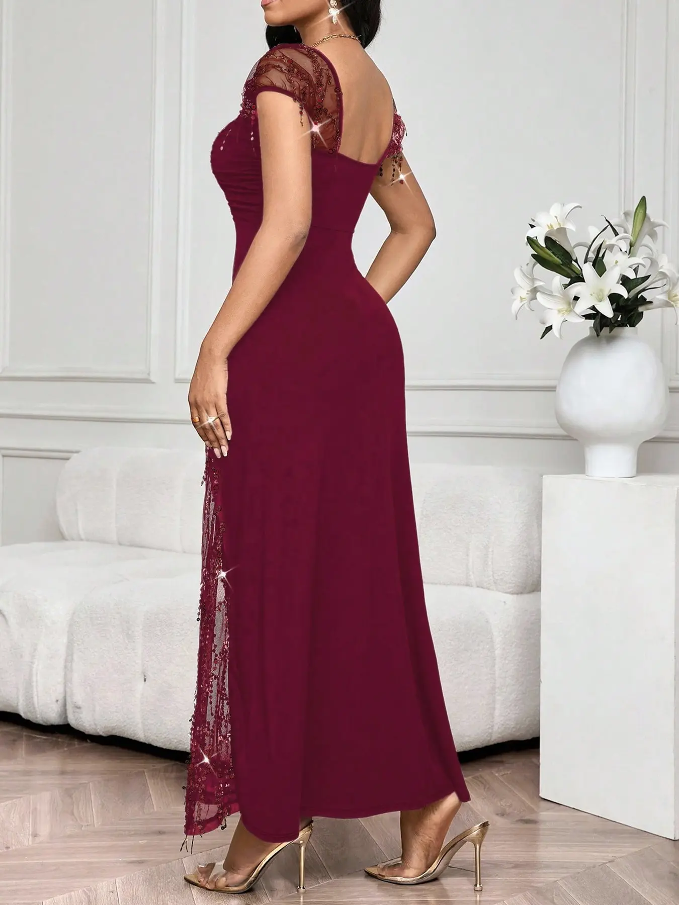 Women's Spring Summer Sequin Mesh Sleeve High Slit Plain Dress, Elegant Slim  Fit Long Gown for Formal Evening Party - TikTok Shop