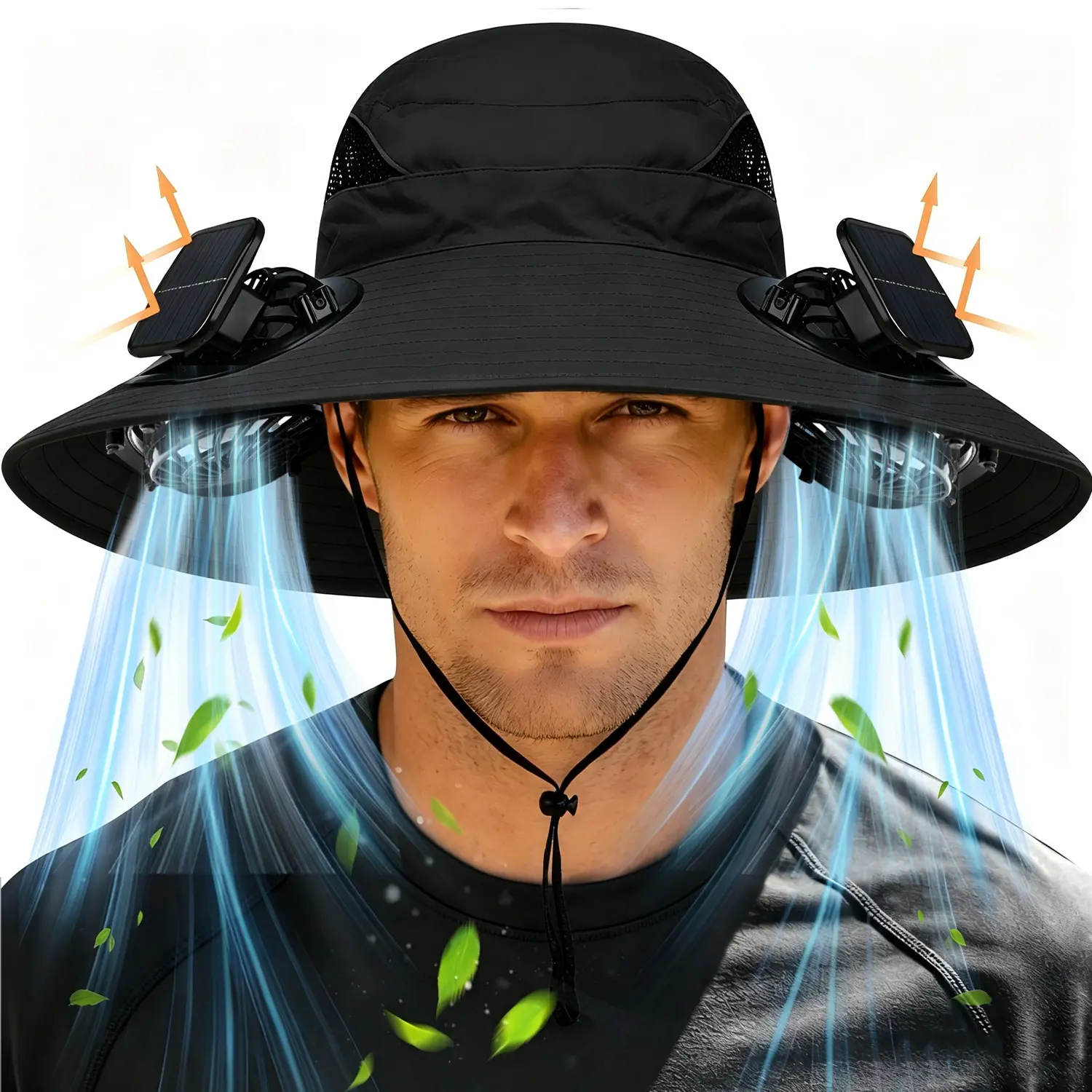 Wide Brim Bucket Hat with 3 Solar Fans - Water Resistant Fabric, Breathable Top Mesh, Adjustable Head Drawcord, Anti-Slip Chin Strap, Sun Shield - for Fishing, Hiking, Daily Outdoor Sports & Outdoor Use