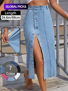 OBlue Jeans Women's  Button Front Light Wash Denim Split Hem Skirt, Casual Fashion Fitted Skirt for Daily Wear, Ladies Bottoms for All Seasons, T-Chic