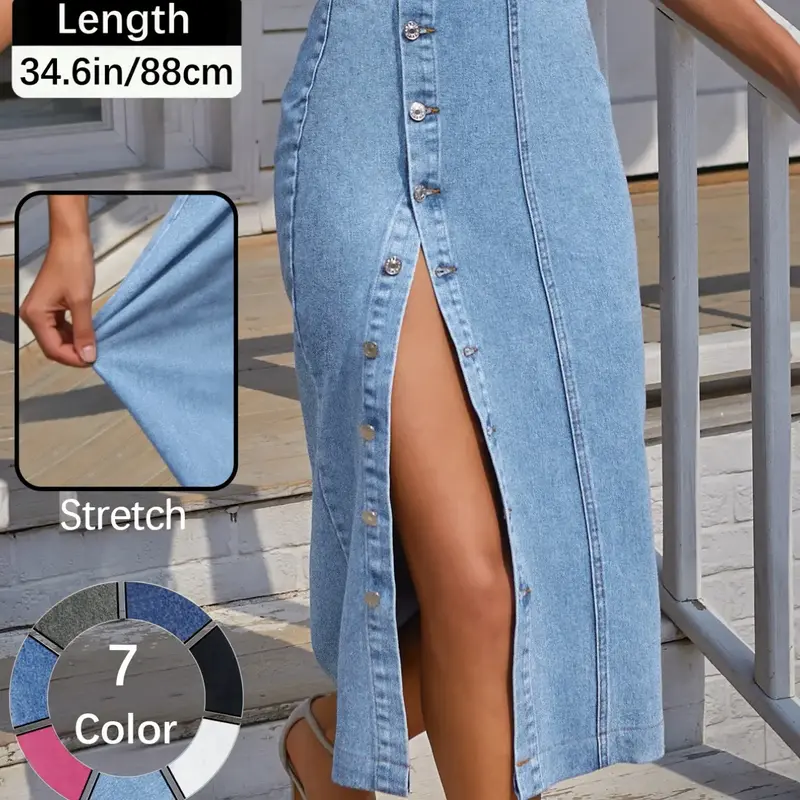 【Black Friday】OBLUE Jeans Women's Button Front Light Wash Denim Split Hem Skirt, Casual Fashion Fitted Skirt for Daily Wear, Ladies Bottoms for All Seasons, Button Fly Skirt #T-Chic