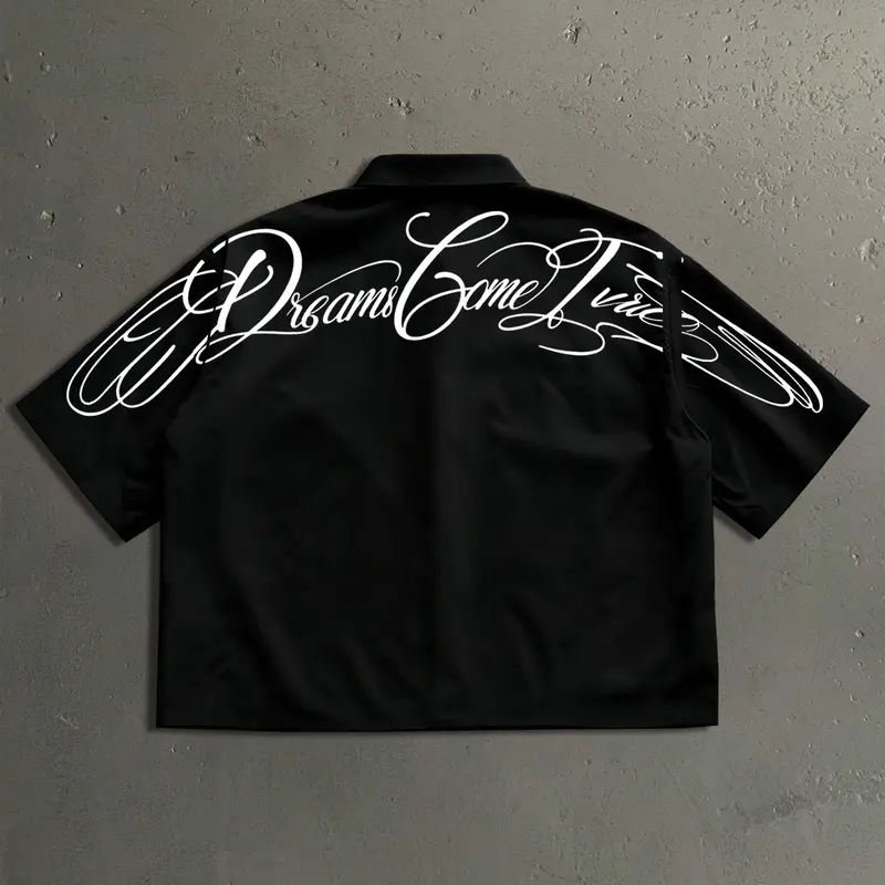 Men's Summer Casual Style Loose Short Sleeve Shirt, Graphic Shirts, Chicano Script Graphic Print, Perfect for Vacation and Daily Wear, Menswear