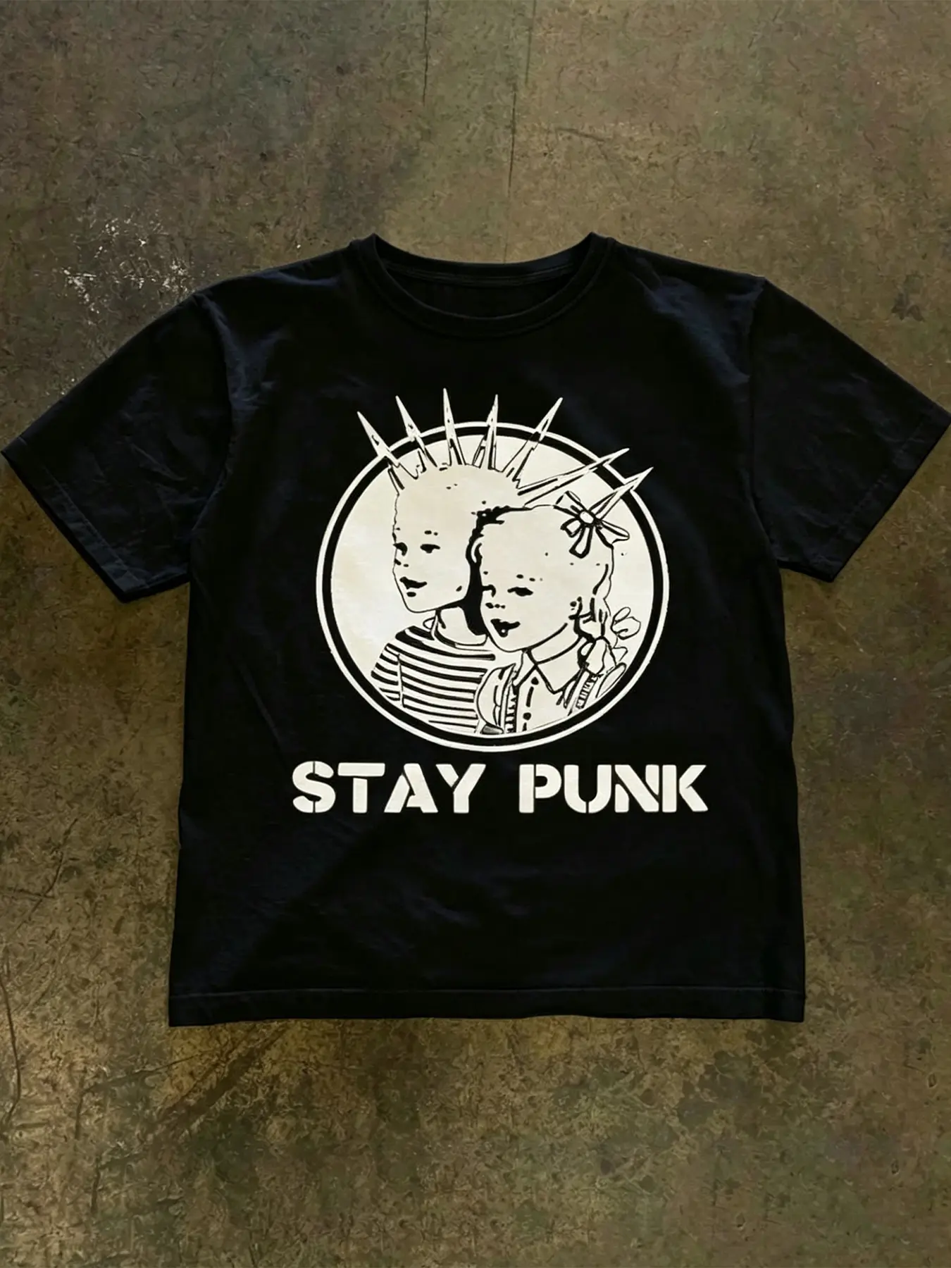 Unisex graphic T-shirt, punk-style “STAY PUNK” T-shirt | Vintage spiked doll print casual loose-fit T-shirt, fun graphic T-shirt, 100% cotton T-shirt