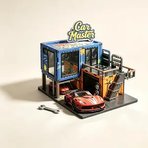 Stress Relief Desk Decor, DIY Acrylic Garage Model Kit for Adults, Mini Car Repair Shop Diorama with 2 Toy Cars, Beginner-Friendly