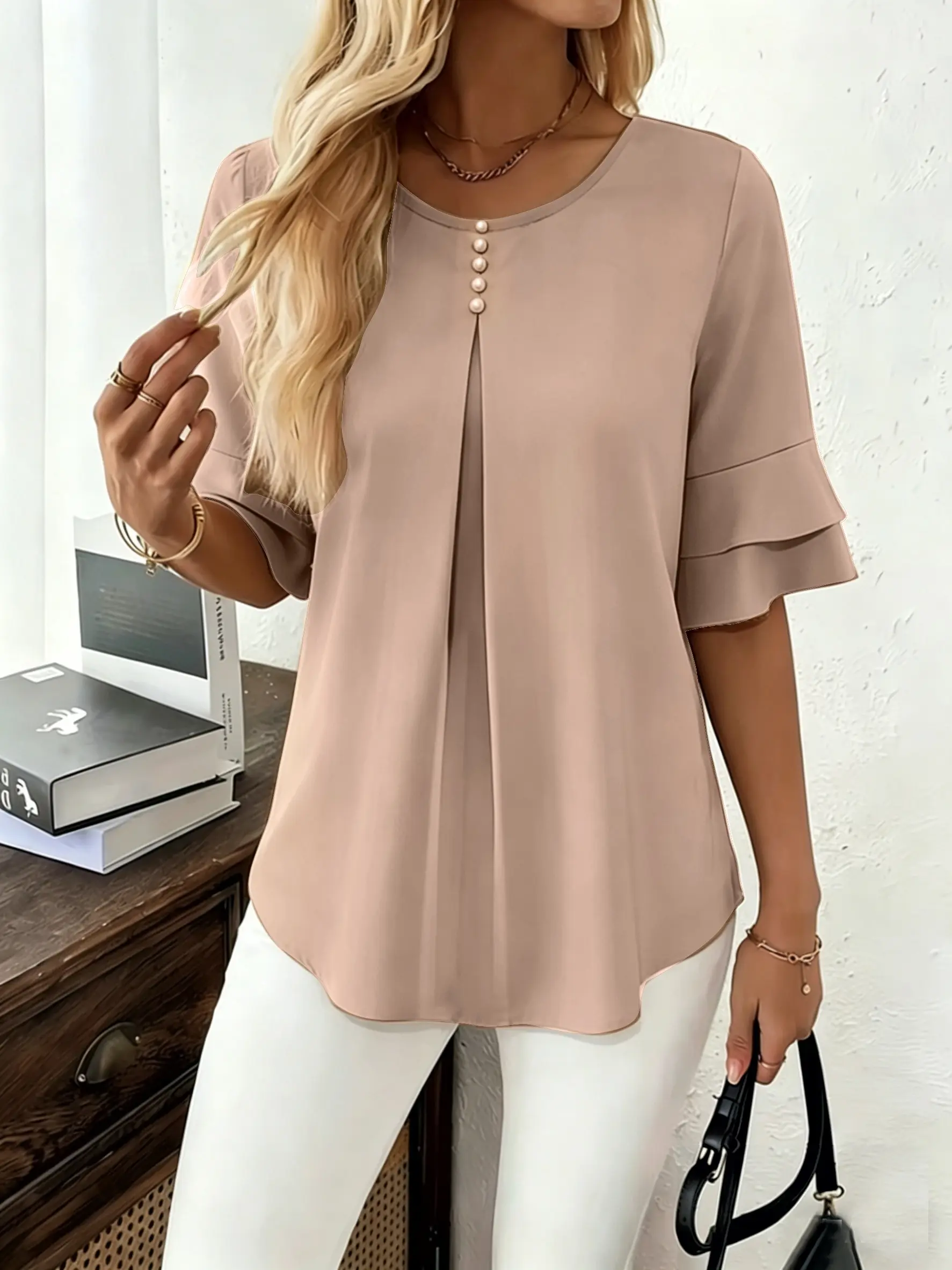 Women's Chic Woven Polyester Blouse - Elegant Summer Loose Solid Crew Neck Button-Up Top with Flared Ruffled Sleeves
