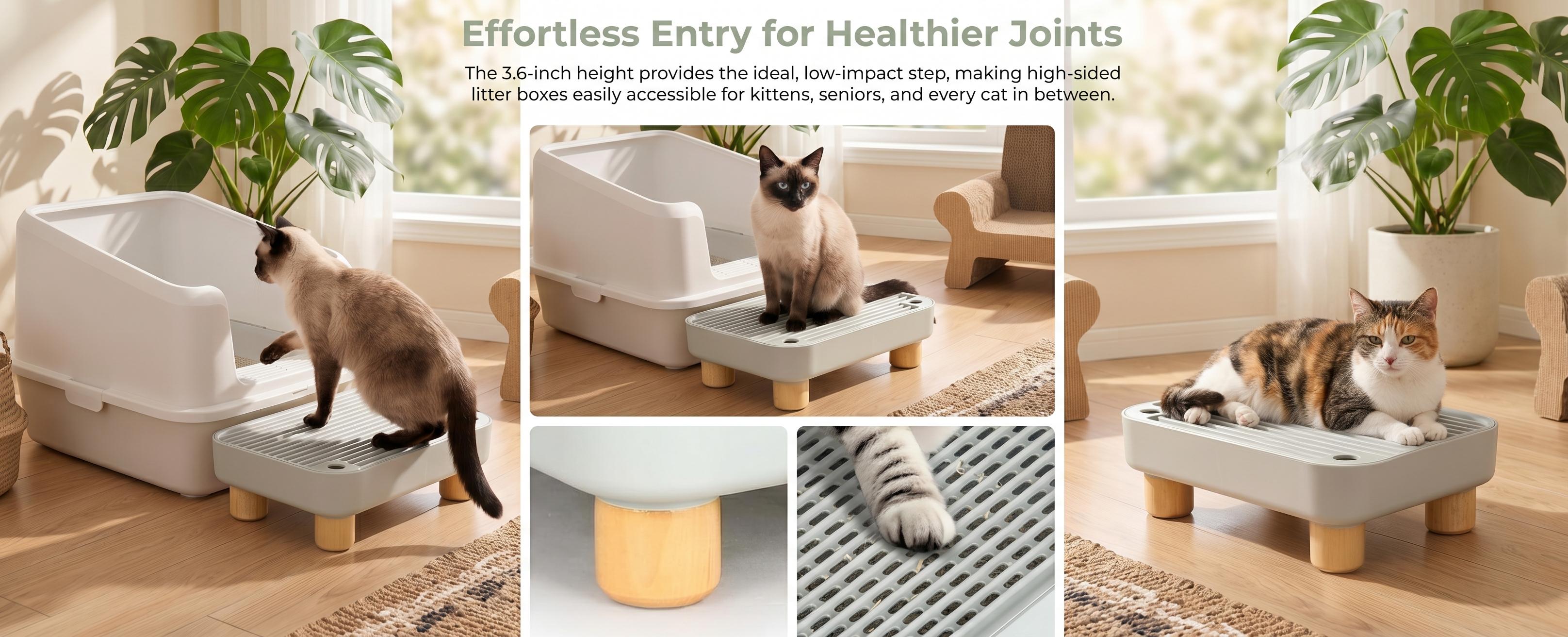 【NEW】Wood Base Cat Litter Box Step, 11.8"x7.9"x3.6" Large Ramp Catcher with Anti-Tracking, Easy Cleaning, Dirt-Resistant Surface Wipes Clean, Clean Floors, Flat Surface, Compatible with Most Litter Boxes