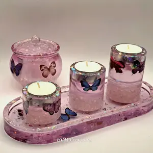 HCM Creations Handmade Butterfly Trinket Tray Storage Jar & Tealight Candle Holder Set with Pink Glitter Accents