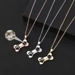 Personalized Photo Necklace Custom Photo Projection Necklaces Dog Bone with Paw Print Pendant Necklace with Picture Inside Pet Dog Cat Memorial Necklace for Pet Lover Women Men
