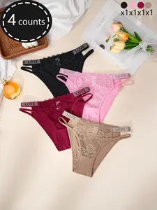 Women's High Elastic Lace Thong Panties Set, Fashion Letter Design, Unique Lace Patchwork, Romantic Elegant, All Seasons Wear