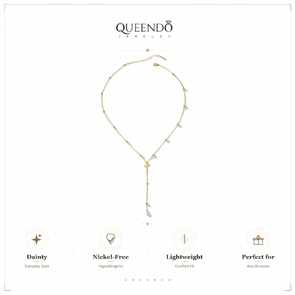 QUEENDO 14k Gold-Plated Cross Y-Drop Beaded Ball Chain Necklace for Women, Unisex Lariat-Style Cross Pendant with Dangling Stone Tip, 2-Tone Gold-Silver Satellite Chain, Adjustable Metal Coating Jewelry for Daily/Casual Wear