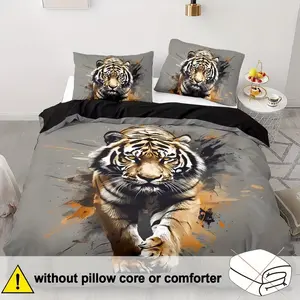 3-Piece Bedding Set, Tiger Animal Print Design, Soft Comfortable Fabric, Zipper Design, Perfect for Bedroom Hotel Gift