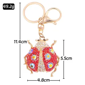 2PCS Creative Beetle Keychains Coccinella Septempunctata Ladybug Metal Rhinestone Key Ring Backpack Pendant