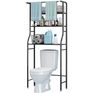 3-Tier Over The Toilet Rack,Bathroom Shelf Space Saver,Corner Stand Storage Organizer Accessories,The Washing Machine,with Hanging Rod,Tower Shelf,Black