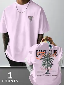 Men's Casual Fitted Round Neck T-Shirt with Tropical Coconut Tree Print Beach Club Streetwear, Soft Fabric Short Sleeve Top for Summer Fashion, Aesthetic Comfortable Fit for Daily Wear