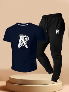 Artistic Angel Letter R Print Set, Men's Twin-Wing Angel Short Sleeve T-Shirt + Sports Pants Two-Piece Set, Summer Street Style Daily Wear