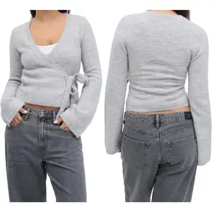 Women Tie Front Wrap Cardigan Solid V Neck Long Sleeve Crop Knit Sweater Casual Fall Clothes