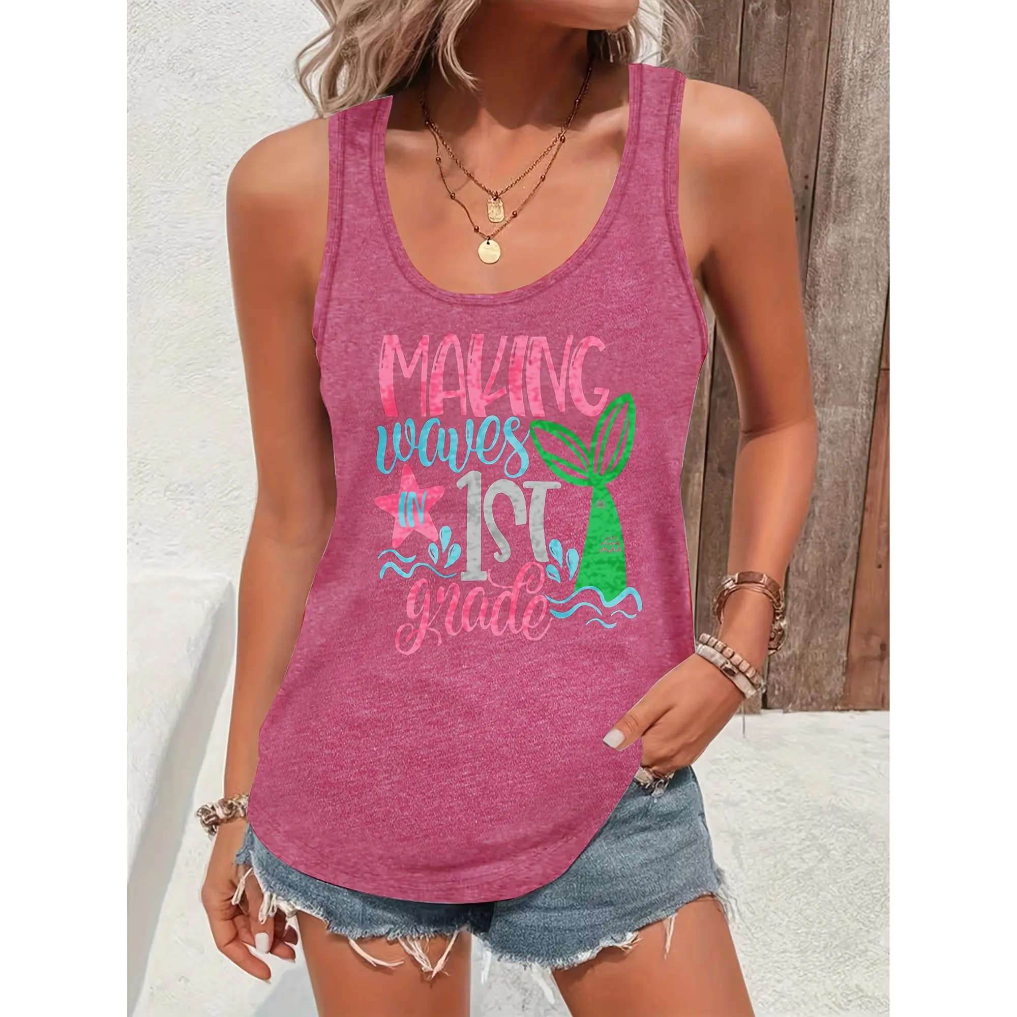 Women's Sleeveless Mermaid Scale Tank Top - Summer Marine-Themed Mermaid Tail Top, Casual Beachwear, Machine Washable Round Neck Blouse for Nautical Parties & Everyday Outfits