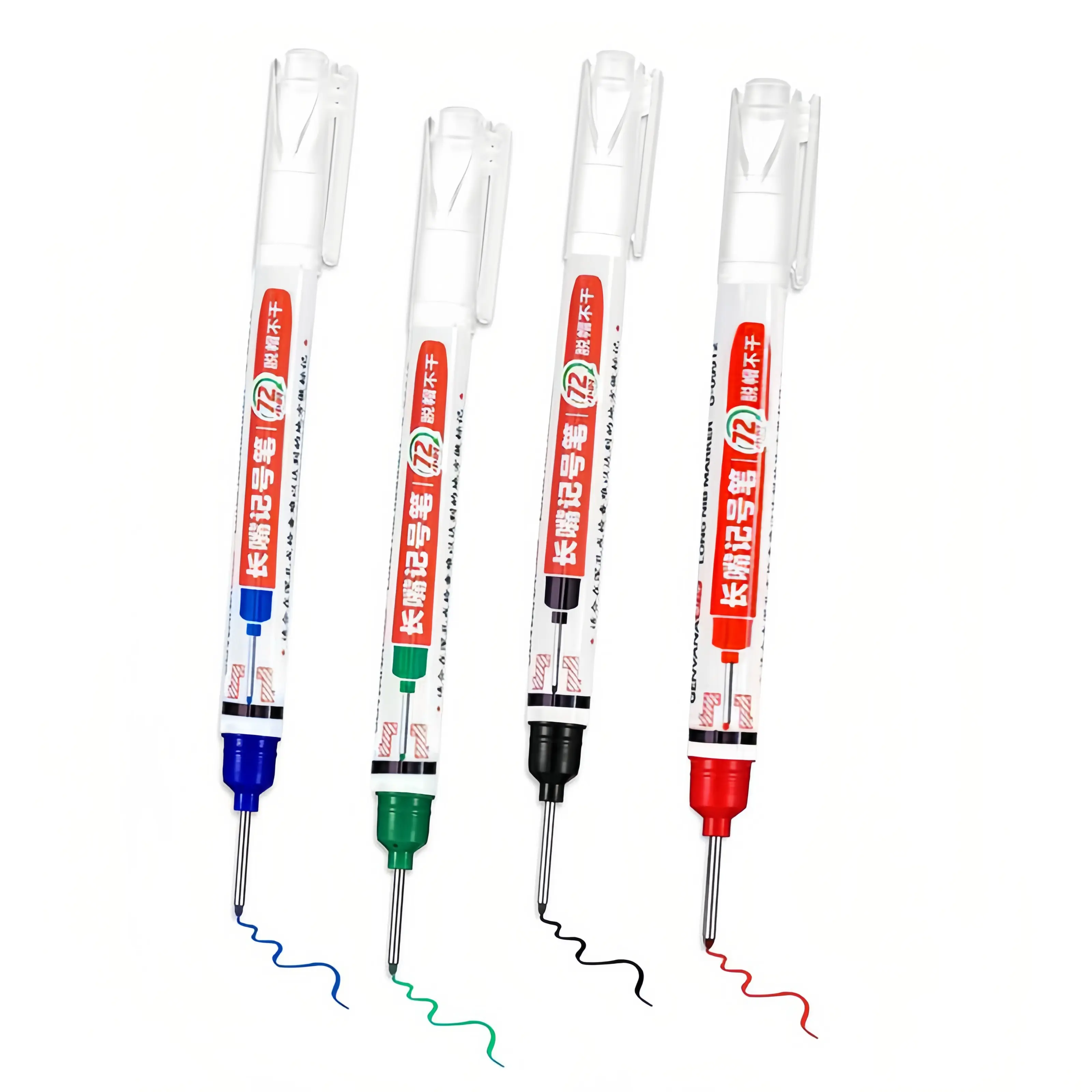 4-Pcs Deep Reach Marker Pens nib Marker, Long Nose Marker Waterproof Colorful Carpenter Pen for Bathroom Home Decoration Construction Pens Woodworking Decoration, Red Black Blue Green