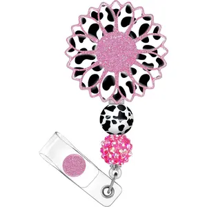 BY-KC038 SP Badge Reel Holder Retractable with ID Clip for Nurse Nursing Name Tag Card Cute Funny Sunflower Floral Accessories with Alligator Clip Medical Assistant Office Student Work Hospital Women