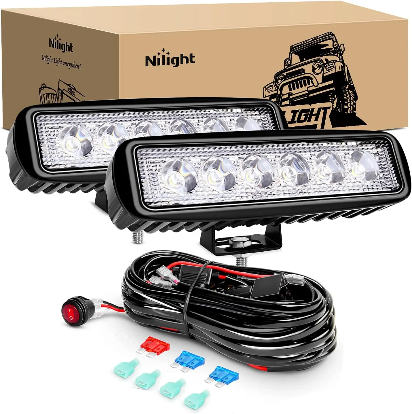 Nilight 2Pcs 18w Spot LED Work Lights LED Pods Fog Lights Off Road Led Lights Driving Lights with16AWG Off Road Wiring Harness Kit-2 Leads for cars wireless dealsforyoudays, High Brightness