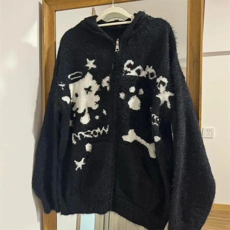 Y2k Harajuku Gothic Women Knit Cardigan Hooded Zip Up Patchwork Japanese Fashion Sweaters Slim Gyaru Grunge Autumn