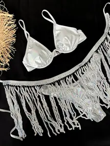 LUVUE Shiny Metallic 3-Piece Bikini Set Women's Festival Beach Party Wear Triangle Top with Sequin Tassel & Cover Skirt with Cheeky Bottom