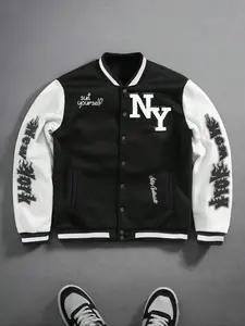 Unisex Y2K Style New York Letter Print Baseball Jacket, Fall & Winter Streetwear, Casual Fitted Design, Trendy Men's Gift