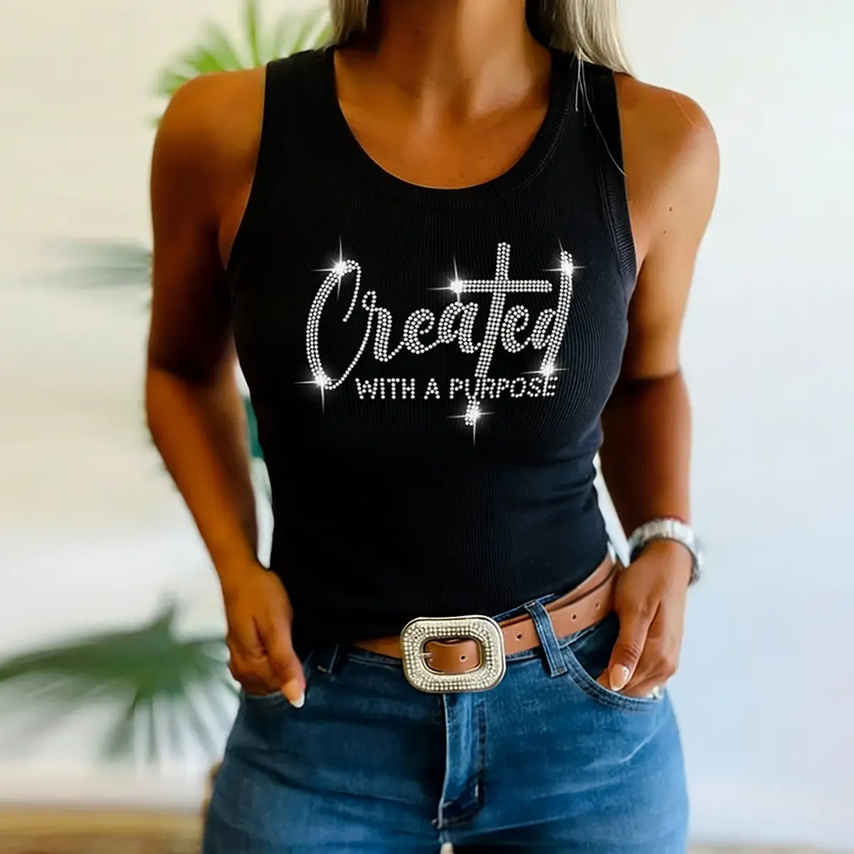 CHICME Women's Rhinestone Letter Ribbed Tank Top Sleeveless Crew Neck Slim Fit Knit Top
