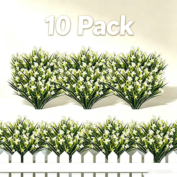 10-Pack UV-Resistant Artificial White Wildflower Bushes, Waterproof Fake Plastic Flower Stems with Faux Greenery for Outdoor Garden, Porch, Home Decor Ornaments