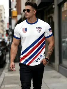 Usa Flag Stripe Graphic T-Shirt for Men, Independence Day Theme, Short Sleeve, Casual Summer Top, Slim-Fitting, Plain Surface